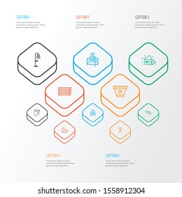 Home decoration icons line style set with fridge, old hut, shower and other house elements. Isolated vector illustration home decoration icons.