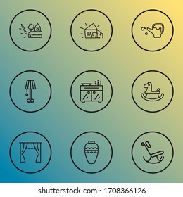 Home decoration icons line style set with curtain, rocking chair, landscape design pottery elements. Isolated vector illustration home decoration icons.