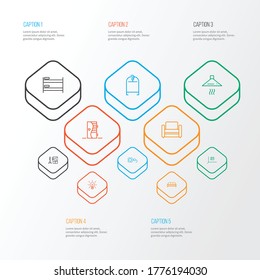 Home decoration icons line style set with couch, clothing rack, modern armchair and other wire elements. Isolated vector illustration home decoration icons.