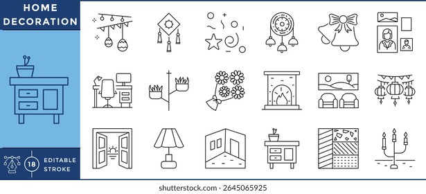 Home decoration icons pack. Interior, decor, wallpaper, flower, sofa, candle, lamp. Vector editable stroke.