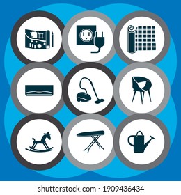 Home decoration icons set with air condition, rocking horse, electric socket and other bailer elements. Isolated vector illustration home decoration icons.