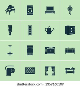 Home decoration icons set with ceiling lamp, toilet, toilet paper and other drapery elements. Isolated vector illustration home decoration icons.