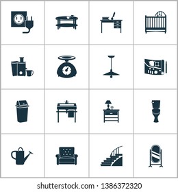 Home decoration icons set with electric socket, floor mirror, watering can and other weight elements. Isolated vector illustration home decoration icons.
