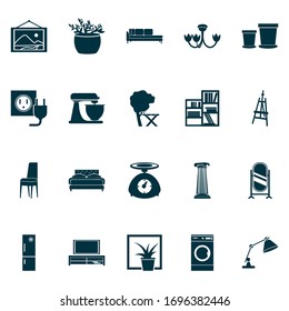Home decoration icons set with wall picture, tv bench, shelving unit and other stand vanity elements. Isolated vector illustration home decoration icons.