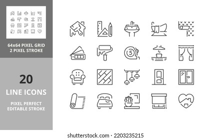 Decoración del hogar y diseño interior conjunto de iconos de línea delgada. Colección de símbolos de esquema. Razo vector modificable. 64 y 256 Pixel Perfecto escalable a 128px