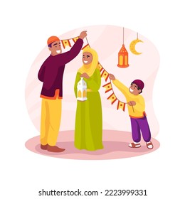 Home decoration isolated cartoon vector illustration. Religious festivals, holy day with family, beautiful decor for Ramadan celebration, Islamic people hanging lanterns at home vector cartoon.