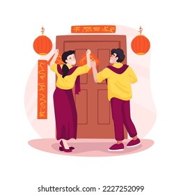Home decoration isolated cartoon vector illustration. Young couple pasting up special decor on the door before Chinese New Year, public holiday celebration, festive days vector cartoon.