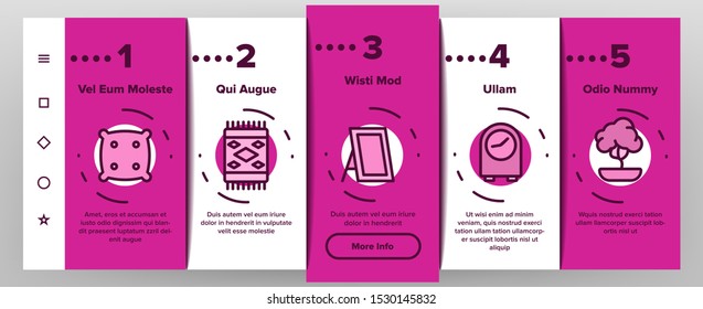 Home Decoration Items Onboarding Mobile App Page Screen Vector Icons Set Thin Line. Chandelier And Lamp Lighting Equipment House Decoration. Furniture And Mirror Contour Illustrations
