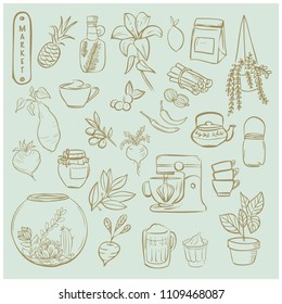Decoración en casa objetos de cocina iconos y diseño de elementos.