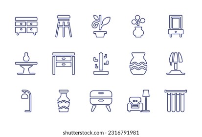 Juego de iconos de línea de decoración residencial. Trazo editable. Ilustración vectorial. Cajón, taburete, maceta floreada, jarrón, espejo, mesa, mesita de noche, cubrecamas, lámpara de mesa, lámpara, reposo, cortina.