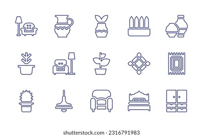 Home decoration line icon set. Editable stroke. Vector illustration. Containing sofa, jar, plant, vases, flowerpot, rest, frame, carpet, cactus, lamp, furniture, double bed, wardrobe.