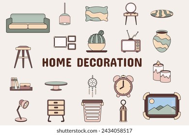 Home Decoration Lineal Color Vector Illustration Icon Sticker Set Design Materials