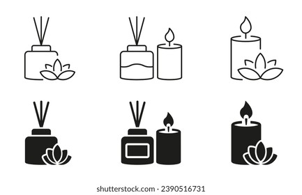 Home Decoration Silhouette and Line Icons Set. SPA Aroma Candles Pictogram. Perfume Stick And Scented Candles Black Symbol Collection. Fragrance Therapy Sign. Isolated Vector Illustration.