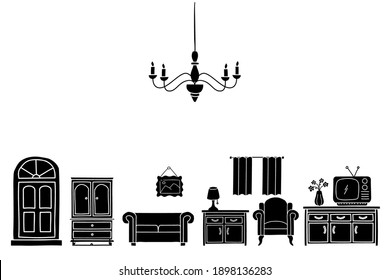 home decoration silhouette sketch style doodle. interior furniture set ink hand drawn Vector illustration