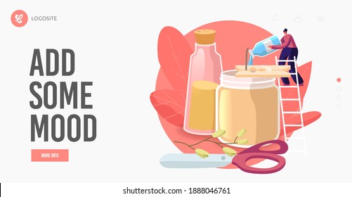 Home Decoration, Spa Decorative Design Element Landing Page Template. Tiny Female Character Stand on Ladder Add Scented Liquid in Huge Jar with Aroma Candle for Therapy. Cartoon Vector Illustration