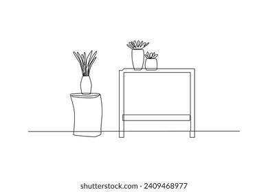 Home decoration of table and flower. Home decoration minimalist concept. Simple continuous line, Simple line.