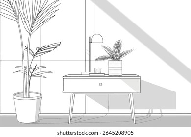 Home decoration of table and flower. Home decoration minimalist concept. Simple continuous line, Simple line.