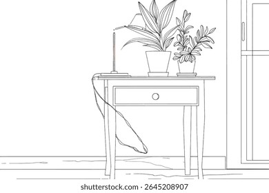 Home decoration of table and flower. Home decoration minimalist concept. Simple continuous line, Simple line.