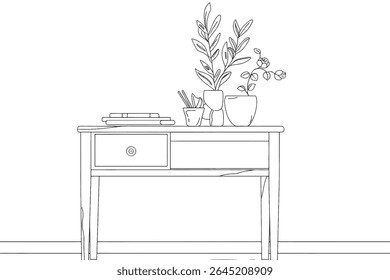 Home decoration of table and flower. Home decoration minimalist concept. Simple continuous line, Simple line.