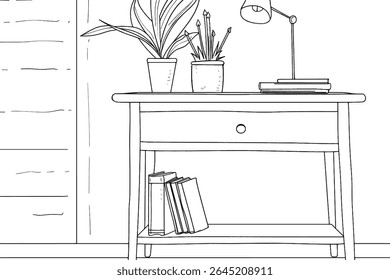 Home decoration of table and flower. Home decoration minimalist concept. Simple continuous line, Simple line.