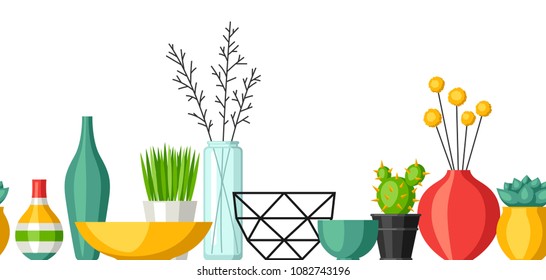 Home decoration vases, flower pots, succulents and cacti. Interior seamless pattern.