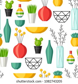 Home decoration vases, flower pots, succulents and cacti. Interior seamless pattern.