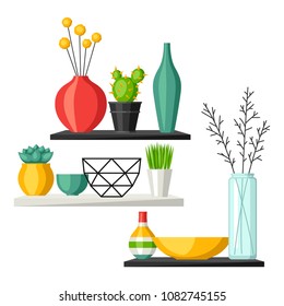 Home decoration vases flower pots, succulents and cacti. Interior illustration.