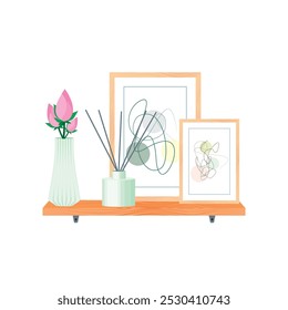 Home decoration vector illustration. Flower vase, picture frame. Beautiful room accessories.