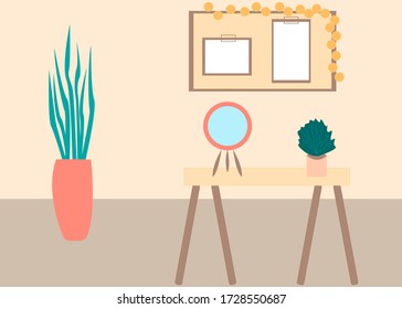 Home decorations flora decor. Flat design style vector illustration. Table, board and plant in pot isolated, made in pastel colors. Room in house