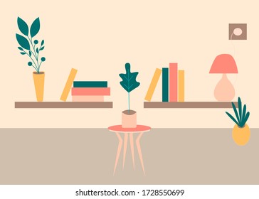 Home decorations flora decor. Flat design style vector illustration. Book, night lamp and plant in pot isolated, made in pastel colors. Room in house