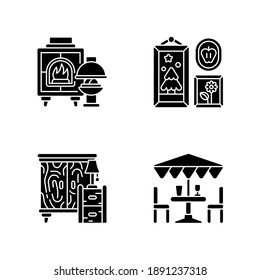 Home decorations and furniture black glyph icons set on white space. Fireplaces. Photo frames. Wooden furniture. Patio umbrellas. Wood burning stoves. Silhouette symbols. Vector isolated illustration