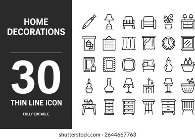 Home decorations thin line icon set featuring furniture and decor