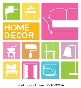 home decorative concept, home furniture icons in colorful buttons