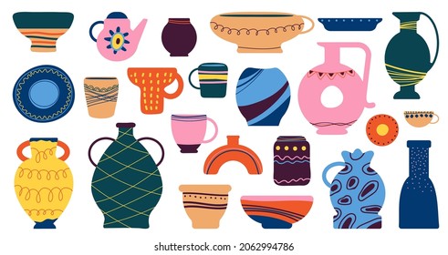 Home decorative utensils. Kitchen ceramic pottery, bowl cup dish. Art crockery and tableware. Household elements, vintage porcelain decent vector set