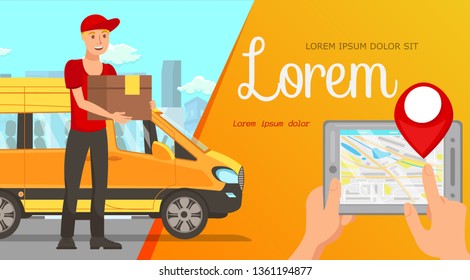 Home Delivery App Flat Web Banner Vector Template. Courier with Cardboard Box. Truck, Van Shipping Services. Online Shipment Navigation, Tracking. Hands Hold Tablet with Pinpoint. Parcel Tracker