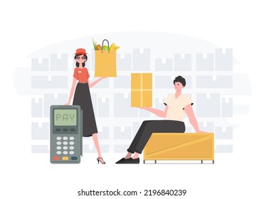 Home delivery concept. Food and parcel delivery people team. Finished banner. Trendy flat style. Vector.