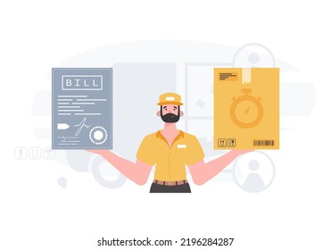 Home delivery concept. The male courier is holding a box and a check. Cartoon style. Vector.