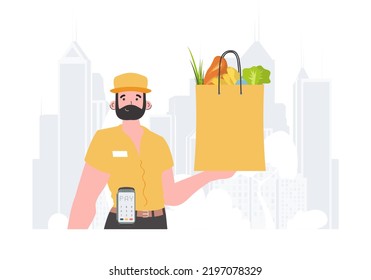 Home delivery concept. A man is holding a grocery bag. Cartoon style. Vector.