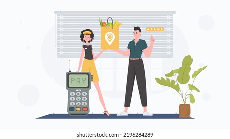 Home delivery concept. Woman courier holds a package with groceries. Cartoon style. Vector.