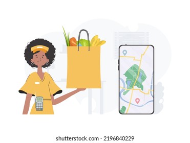 Home delivery concept. A woman is holding a grocery bag. Trendy flat style. Vector.