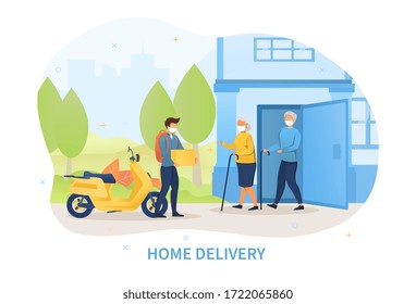 Home delivery during the Covid-19 pandemic with a deliveryman on a scooter delivering a box to two elderly people at the door to their house, all wearing masks, colored vector illustration