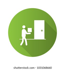 Home delivery flat design long shadow glyph icon. Courier. Deliveryman with parcel at door. Vector silhouette illustration