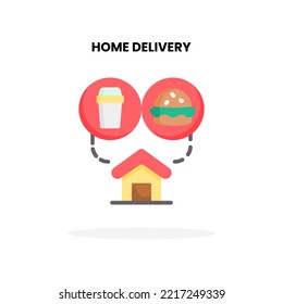 Home Delivery flat icon, with Home building, soft drink and burger Vector Illustration for Graphic Design Element. Isolated on white background