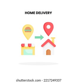 Home Delivery flat icon, with Restaurant, Home and Pointer Vector Illustration for Graphic Design Element. Isolated on white background