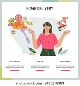 Home delivery of food and prepared meals banner or poster design, flat vector illustration. Take out food advertising banner or poster.