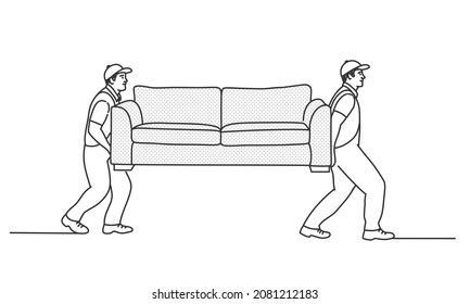 Home delivery of furniture. Workers carry a sofa. Hand drawn vector illustration. Black and white.