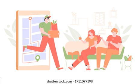 Home delivery of goods and food. The courier jumps out of the smartphone, a young couple sitting at home on the couch. Mobile application fast delivery service. Vector flat illustration.