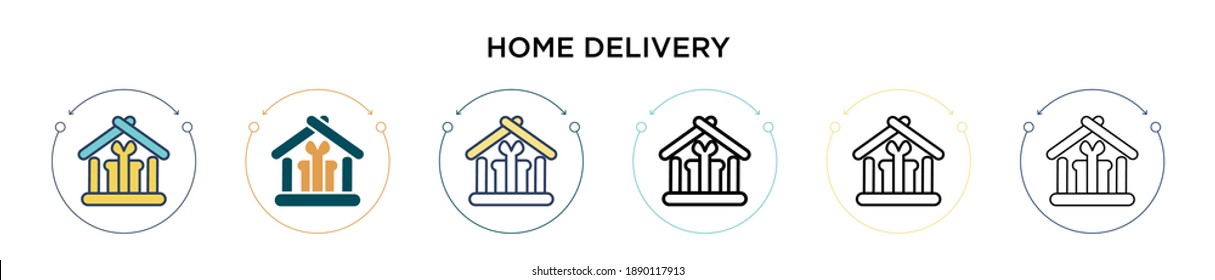 Home delivery icon in filled, thin line, outline and stroke style. Vector illustration of two colored and black home delivery vector icons designs can be used for mobile, ui, web