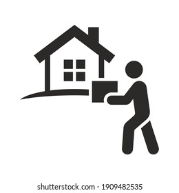 Home delivery icon. Delivery man holding box. Delivery service. Online shopping. Vector icon isolated on white background.