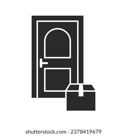 Home delivery icon. Online purchase delivery service. Cardboard parcel box delivered near the door. Vector icon isolated on white background.